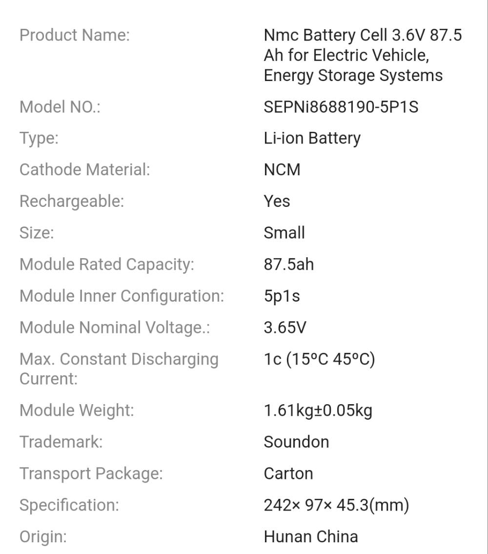 Soundon 87.5Ah prismatic Lithium Ion NMC